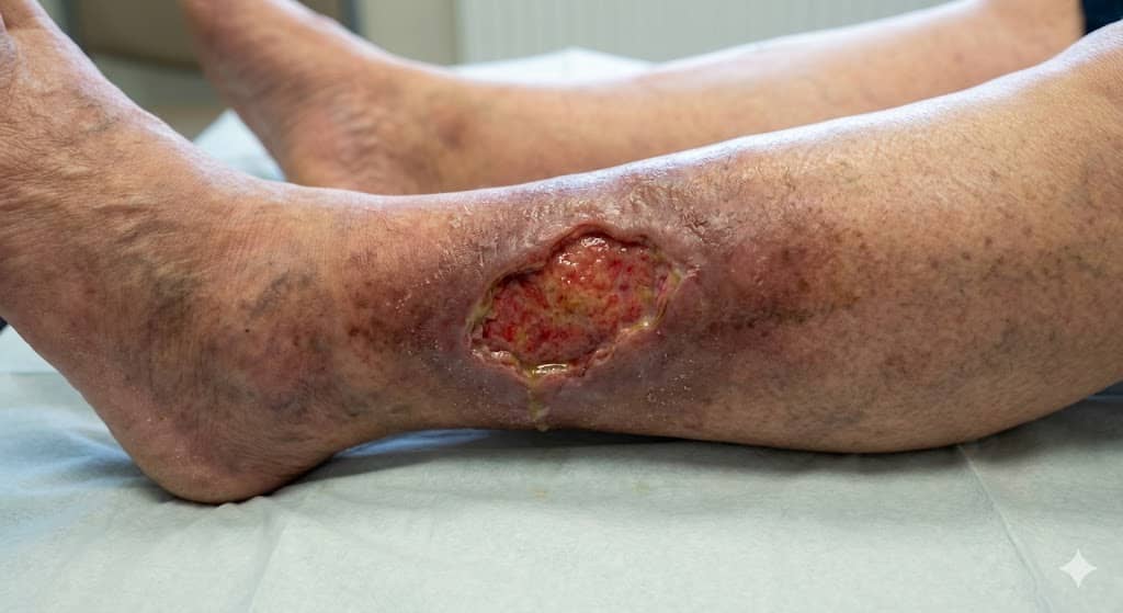 Venous Stasis Leg Ulcer Venous Stasis Leg Ulcer | Clinical presentation of a venous leg ulcer on the lower leg, showcasing irregular borders and surrounding hyperpigmentation.